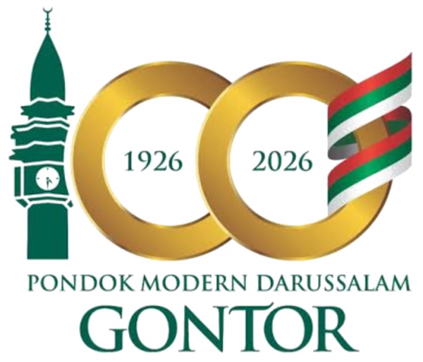 Logo resmi peringatan 100 tahun Pondok Modern Darussalam Gontor: menara jam pondok, angka 100 berwarna emas bertuliskan 1926 dan 2026, serta pita merah putih hijau